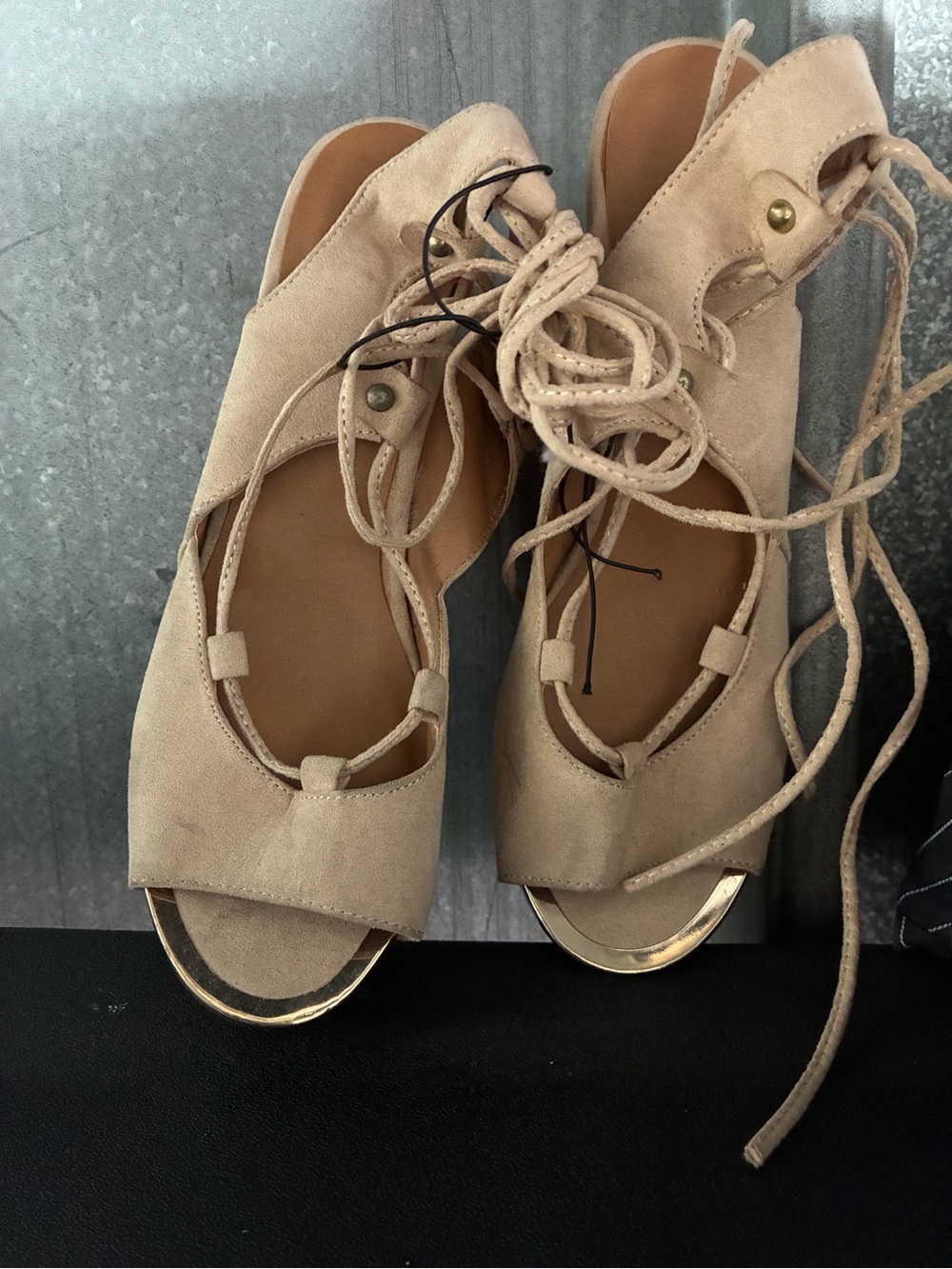 Suede Lace-Up Open-Toe Sandals in Beige